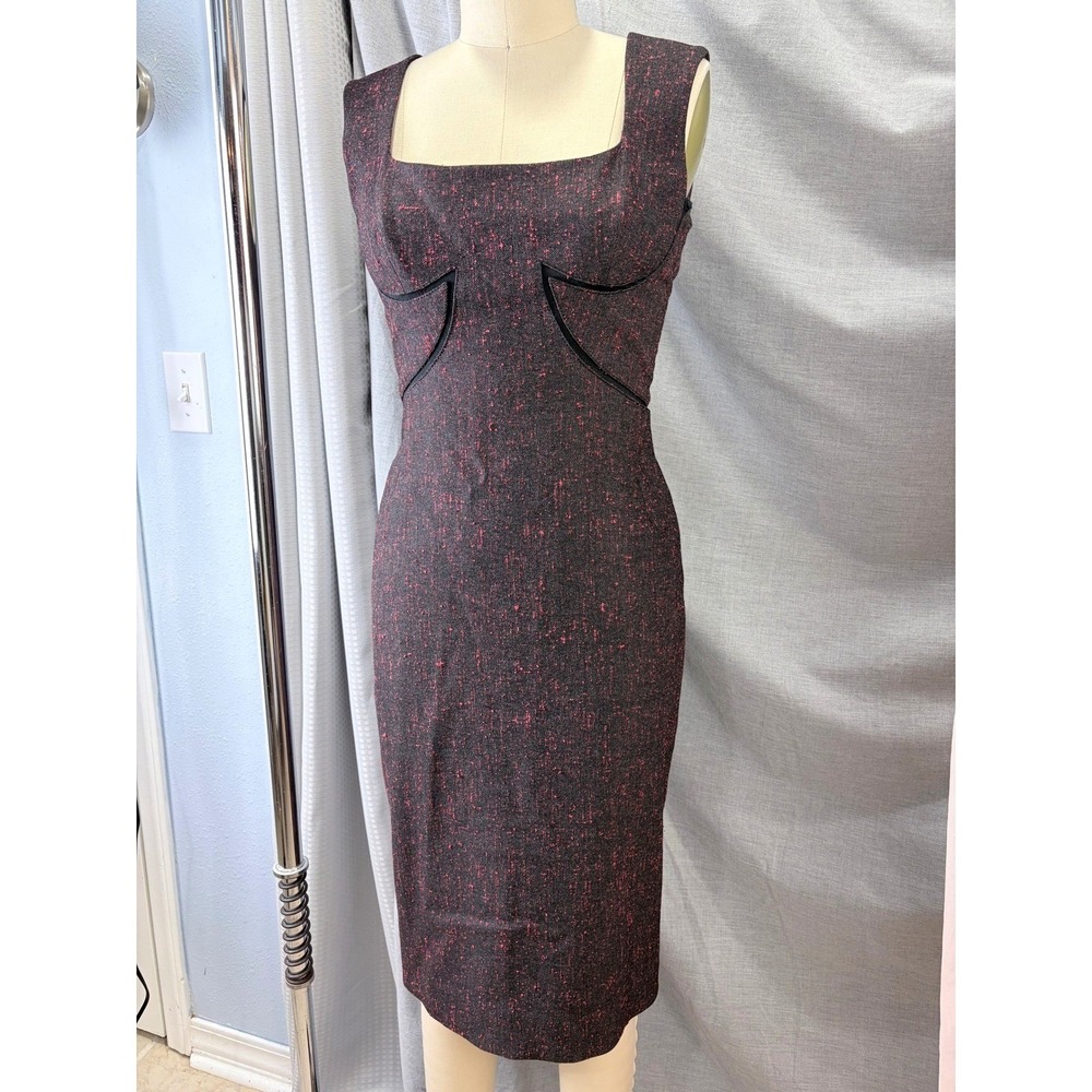 Zac Posen Red Black Wool Silk Blend Sheath Dress Square Neck Pleated Back 8‎